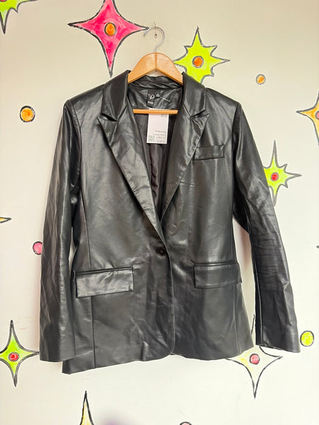 Vintage 90s Y2K Black Vegan Leather Blazer Jacket Mall Goth Grunge Minimalist S