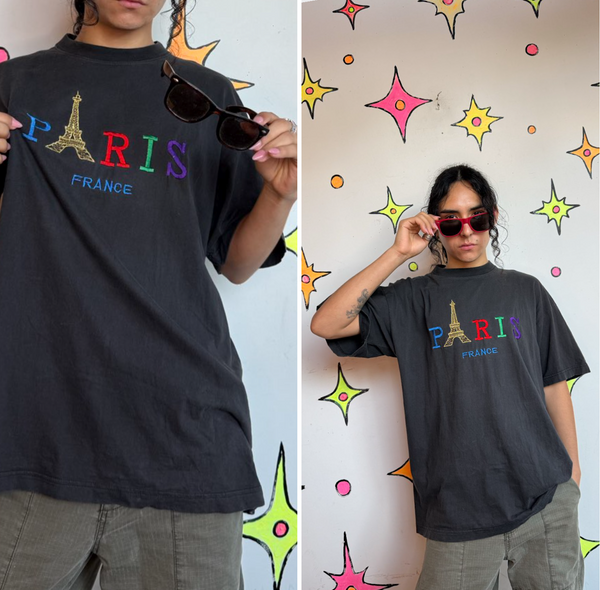 90s Paris France Embroidered Souvenir Tee Rainbow Eiffel Tower Pride T-Shirt L