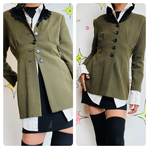 90s Does 40s Velvet Scallop Collar Houndstooth Blazer | Goth Grunge Revival | S