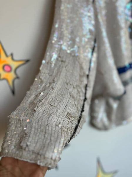 Vintage 80s Disco Glam Fully Sequin Silk Wearable Art Dolman Bat Wing Blouse M/L