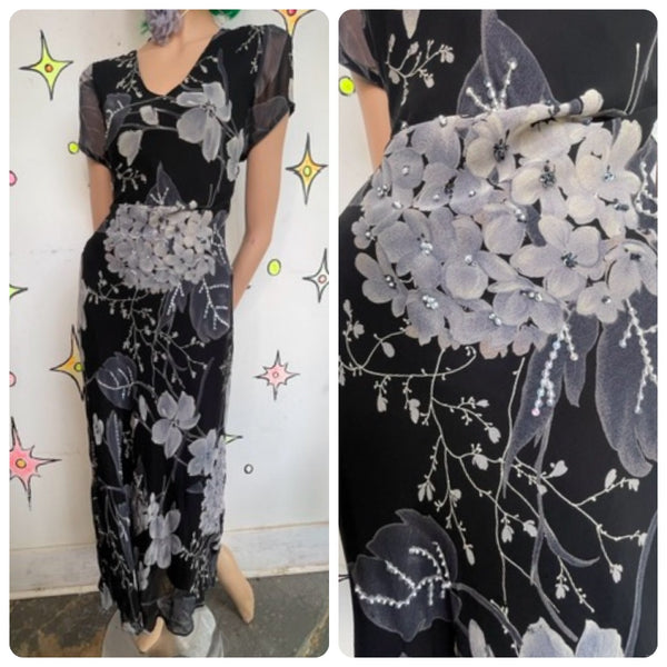 Vintage 90s Y2K Black Whimsy Goth Fairy Grunge Patchwork Floral Maxi Dress - L