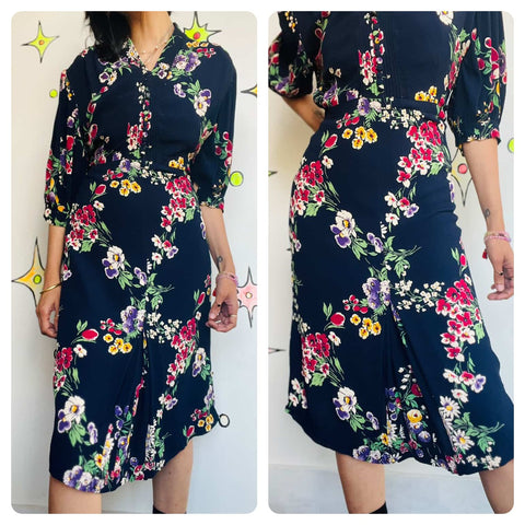 1940s Navy Floral Print Secretary Dress Stunning True Vintage Boho Grunge - M L