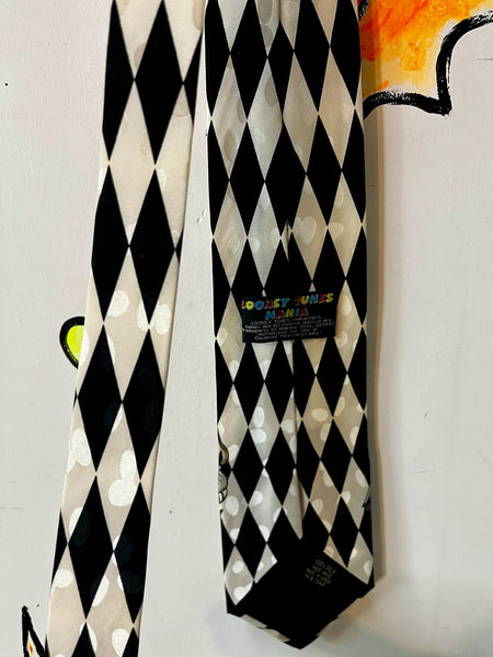 Vintage 90s Looney Tunes Paris Silk Tie – Black & White Harlequin Print Necktie