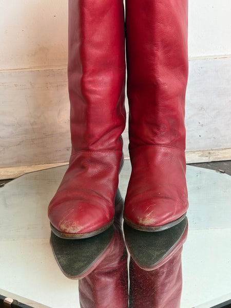 Vintage 80s Cherry Red Leather Boots Classic Riding Western Boots Rocker Glam 7