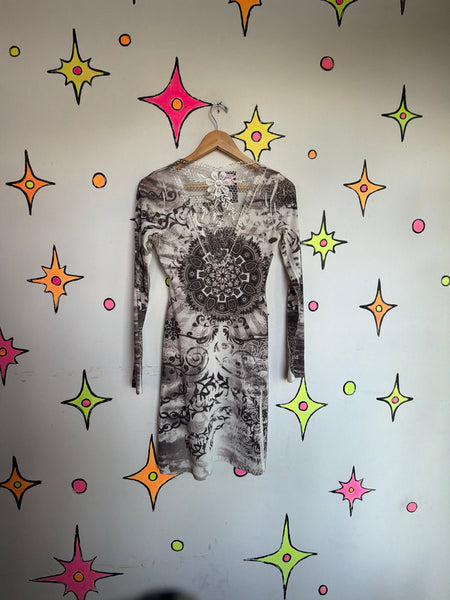 Y2K Crochet Back Tattoo Mini Dress - Indie Sleaze McBling Party Goth Bodycon S