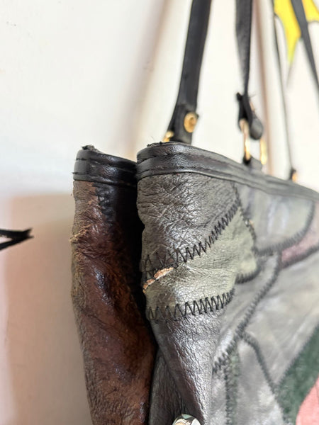 80s 90s Patchwork Leather Shoulder Bag Boho Goth Slouchy Purse Festival Hobo Bag