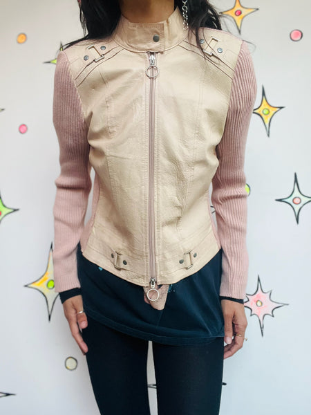 Y2K Pink Leather Jacket | Moto Rib Knit Hybrid Soft Grunge Fairy Ballet Core | S