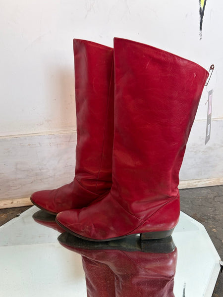 Vintage 80s Cherry Red Leather Boots Classic Riding Western Boots Rocker Glam 7