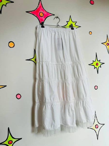 Y2K White Boho Tiered Cotton Maxi Skirt – Coquette Fairy Grunge Crinoline – M