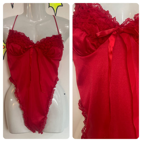 Vintage 70s 80s | Red Lacey Babydoll High Cut Teddy Lingerie Bodysuit | S - M