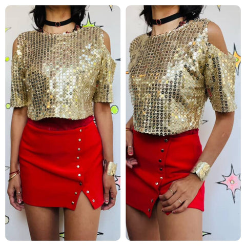 Vintage Gold Sequin Cold Shoulder Boho Disco Crop Top 70s Glam Party Blouse M/L