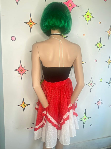 Vintage Red White Lace Square Dancing Full Twirl Patio Skirt Babydoll Lolita S