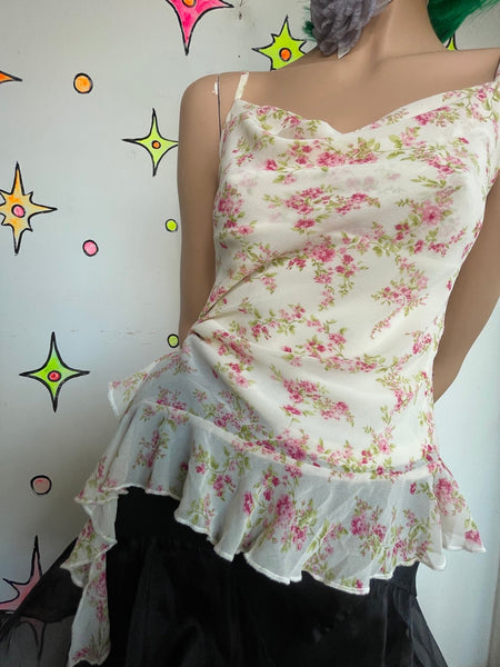 Fairy Grunge Y2K Pastel Pink Floral Handkerchief Hem Ruffle Lace Cami Romantic S