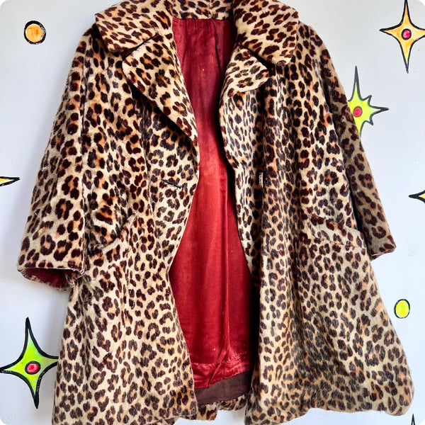 Vintage | Leopard Print Vegan Fur Swing Coat Lined Pockets Hot Mob Wife | S M