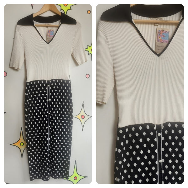 Retro 90s Black & White Polka Dot Dagger Collar Midi Dress 60s 70s Mod Knit M