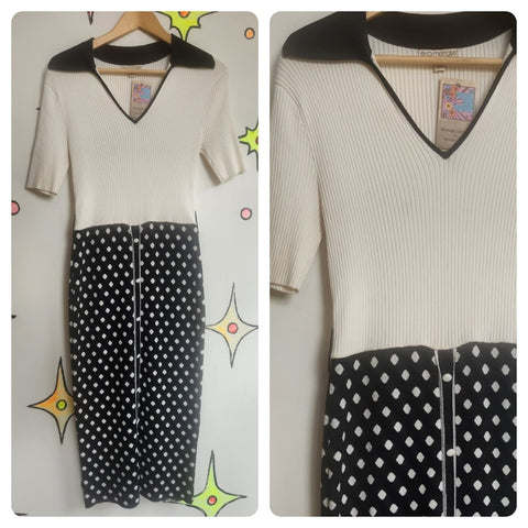 Vintage 60s 70s | Groovy MOD Black and White Dagger Collar Polka Dot Dress | S M