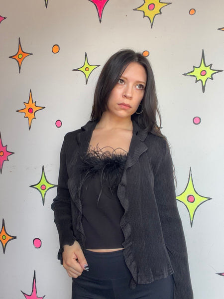 Vintage 90s Black Pleated Goth Blouse Minimalist Dark Academia Grunge Top ML