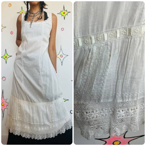 Antique Early 1900s Edwardian Cotton Lace Slip Dress Chemise Corset Cover | S/M