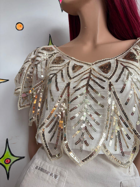 Vintage Gold Sequin Flapper Cape Art Deco Beaded Shrug Glam Festival Rave