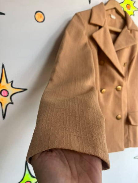 Vintage 70s Tan Polyester Blazer - Dagger Collar Retro Jacket - Size 8