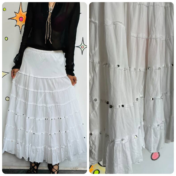 90s Y2K White Boho Tiered Maxi Skirt - Beaded Mirrors - Fairy Grunge Coquette M