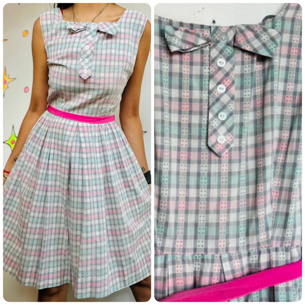 Vintage 1950s Pastel Plaid Dress | Bow Neck Fit & Flare | Size 5/6