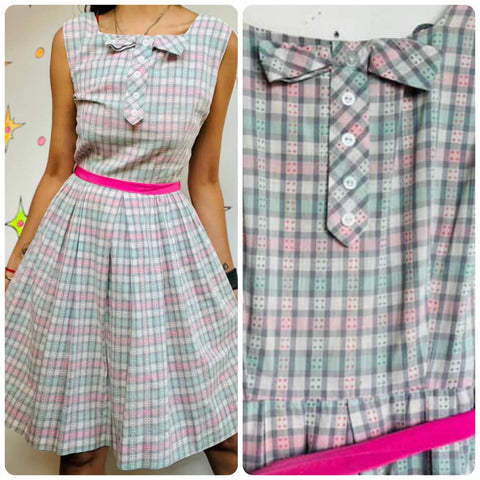 Vintage 1950s Pastel Plaid Dress | Bow Neck Fit & Flare | Size 5/6