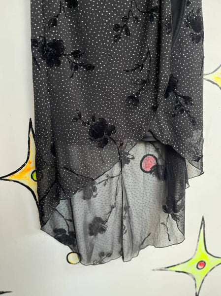 90s Y2K Black Glitter Strapless Fairy Goth Dress - Asymetric Hem Slip - Small
