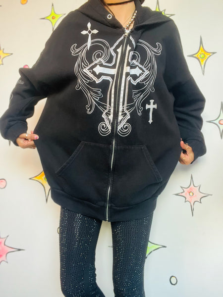 Vintage Y2K Black Mall Goth Grunge Fairy Tattoo Print Romantic Cross Hoodie XL+