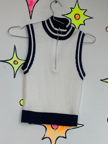 Retro Rib Knit Zip Up Turtleneck Top 90s Preppy Grunge Cropped Sweater S