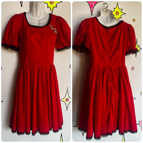 Vintage 1950s | Red Patio Dress Prairie Square Dancing Pearl Puff Sleeve | M L