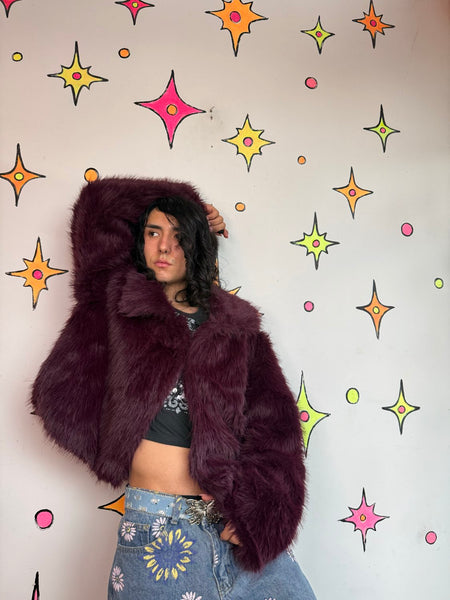 Y2K Purple Faux Fur Coat Plush Teddy Jacket Goth Glam McBling Cozy Grunge L XL
