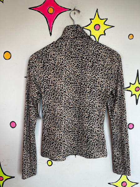 Vintage Leopard Print Turtleneck Top 90s Y2K Animal Print Goth Grunge M