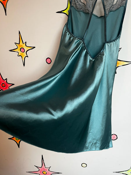 Vintage Pastel Blue Satin Lace Fairy Grunge Victorian Romantic Mini Slip Dress L