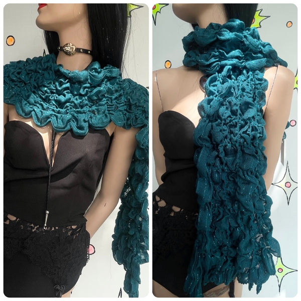 Y2K Teal Sparkle Scrunch Scarf | Cabbagecore Fairy Grunge Textured Wrap