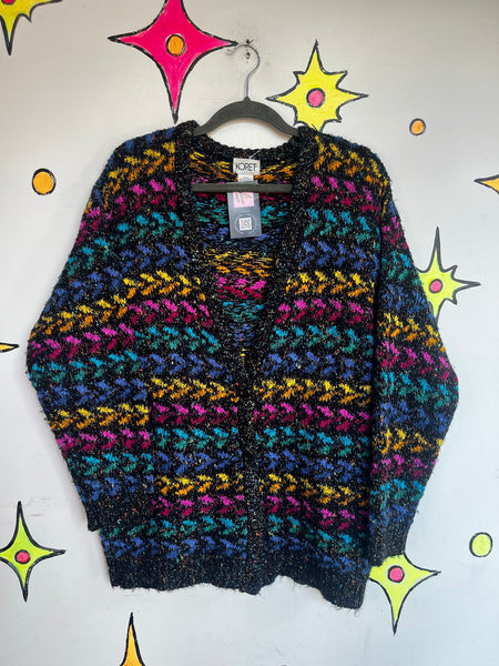 Vintage Rainbow Knit Sweater Chunky 80s Retro Cardigan Oversized L/XL