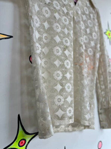 Vintage 70s White Sheer Lace Romantic Grunge Boho Dagger Collar Blouse | M