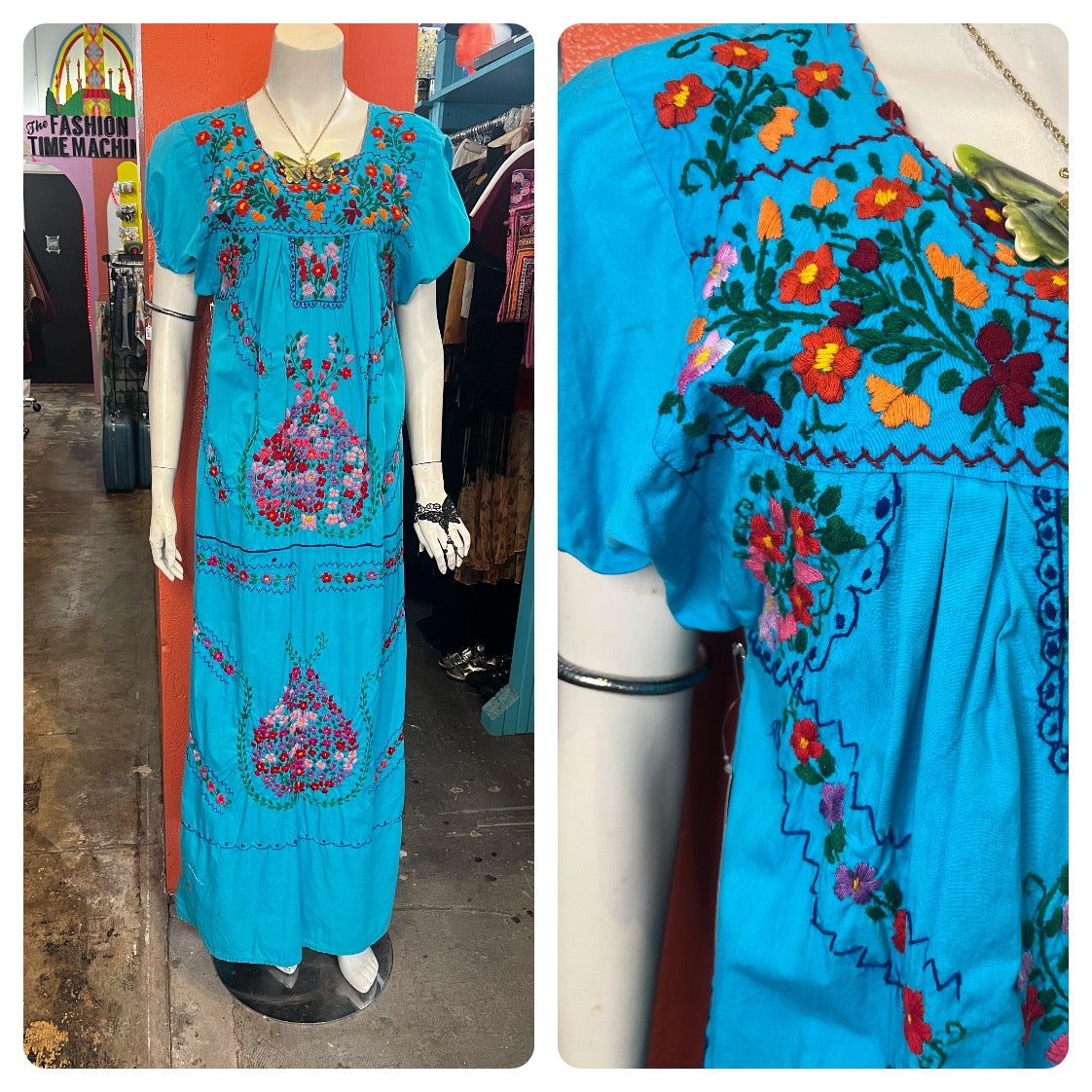 Vintage 60s 70s | Blue Boho Oaxacan Mexican Hand Embroidered Festival Dress