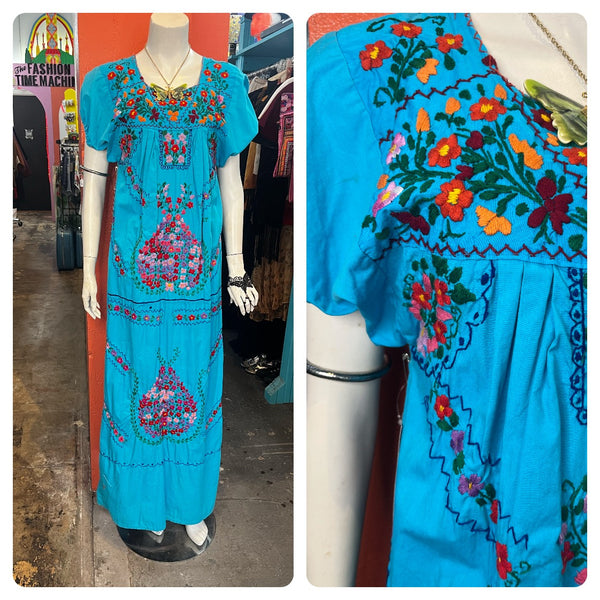 Vintage 60s 70s | Blue Boho Oaxacan Mexican Hand Embroidered Festival Dress