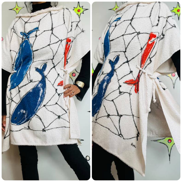 Vintage 70s 80s Wearable Art Boho Festival Beach Towel Avant Garde Poncho Cape
