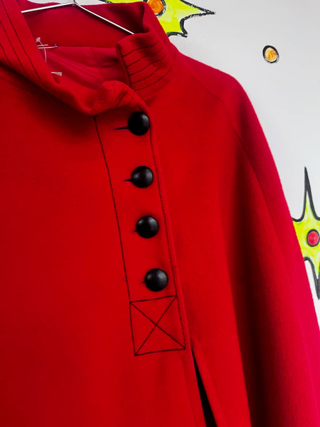 Vintage 60s Cherry Red Cape Coat | Heavy Warm Wool Feel Cloak | Mod Swing Cape