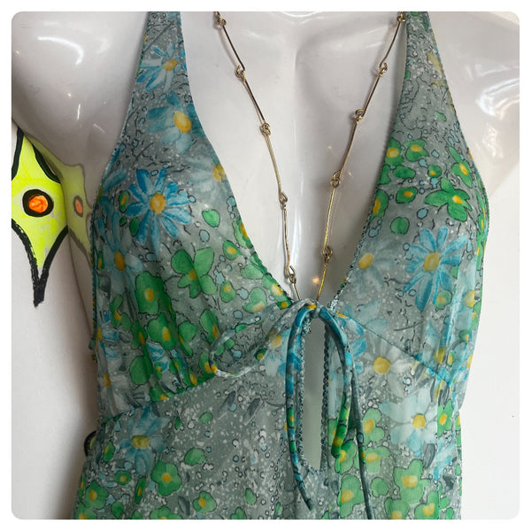 Vintage 60s 70s | Blue Green Floral Fairy Grunge Maxi Slip Dress Sexy Nighty