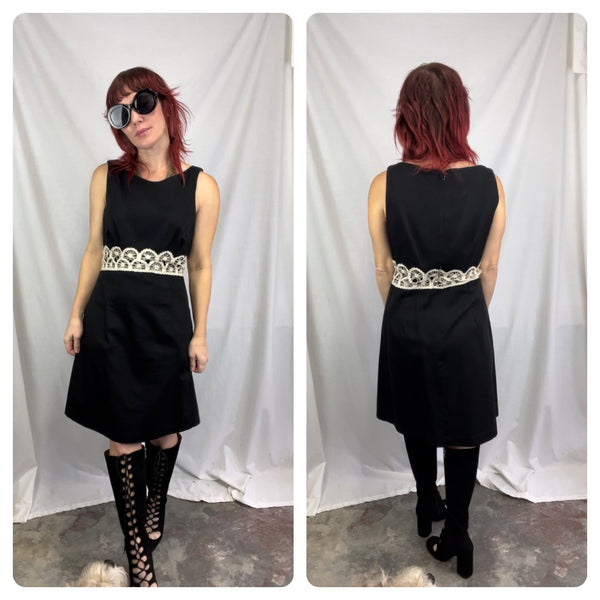 Vintage 50s 60s | Black Lace Trim Beatnik Mod Classic LBD A Line Mini Dress | M