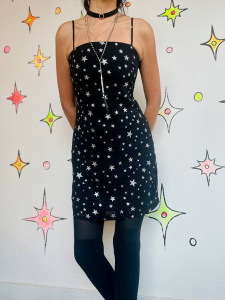 Black Party Dress Silver Stars - Y2K Witchy Fairy Goth Whimsy Celestial - M