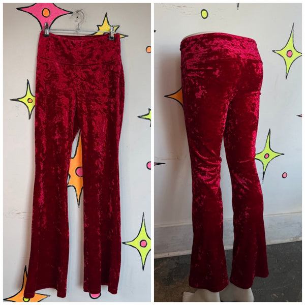 Y2K Red Velvet Flare Pants | Romantic Goth Vamp Grunge Stretch Leggings S