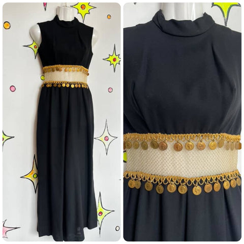 Vintage 60s 70s | Black and Gold Embellished Cut Out Petite Jumpsuit | Size 2