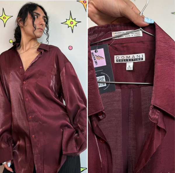 Vintage Burgundy Iridescent Party Shirt 90s Satin Lounge Button Up Men's XL