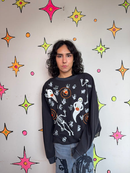 Vintage 80s Halloween Art Ugly Sweater Puffy Paint Sweatshirt Spooky Retro L/XL