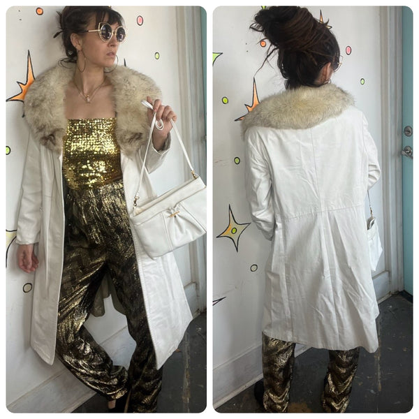 Vintage 70s White Leather Trench Coat Fur Collar Penny Lane Rockstar L