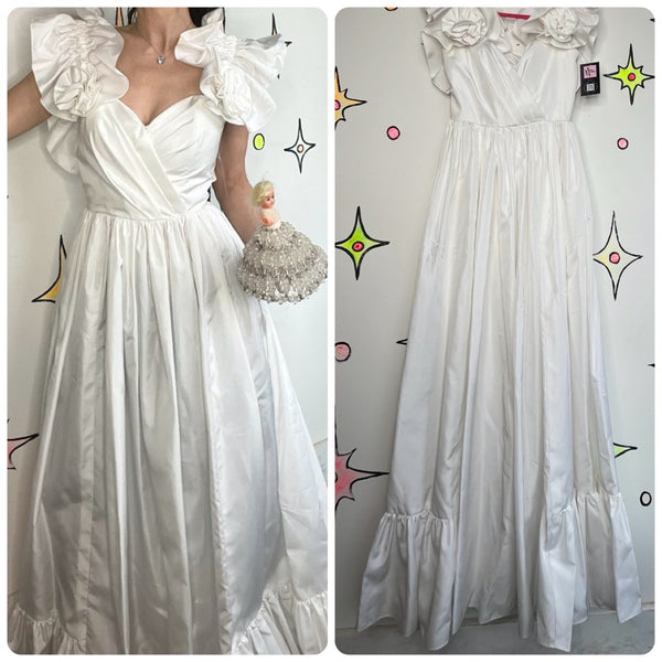 80s White Ruffle Poofy Cupcake Dress Vintage Prom Wedding Party Princess _ S